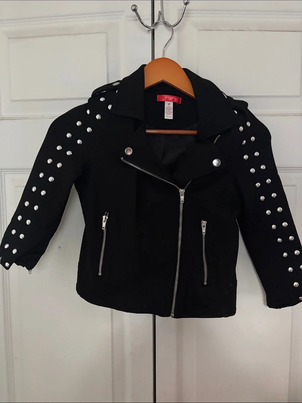 Aqua Black Studded Moto-Style Kids Jacket